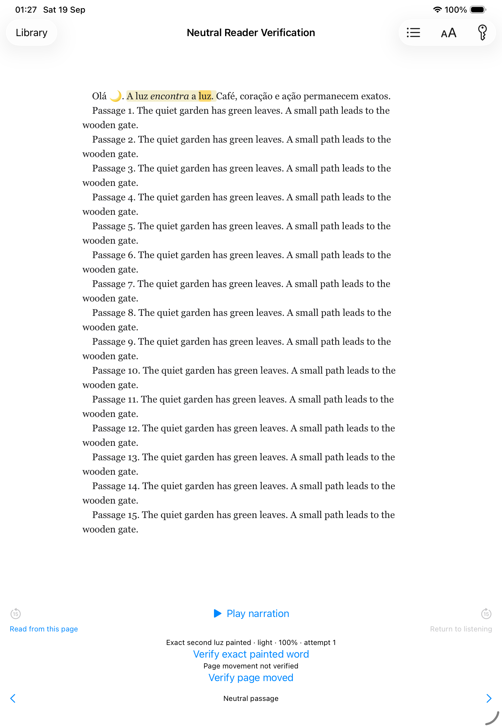 iPad · Light · 100% type: English development reader with neutral sample text, static test highlighting and visible renderer-verification controls.