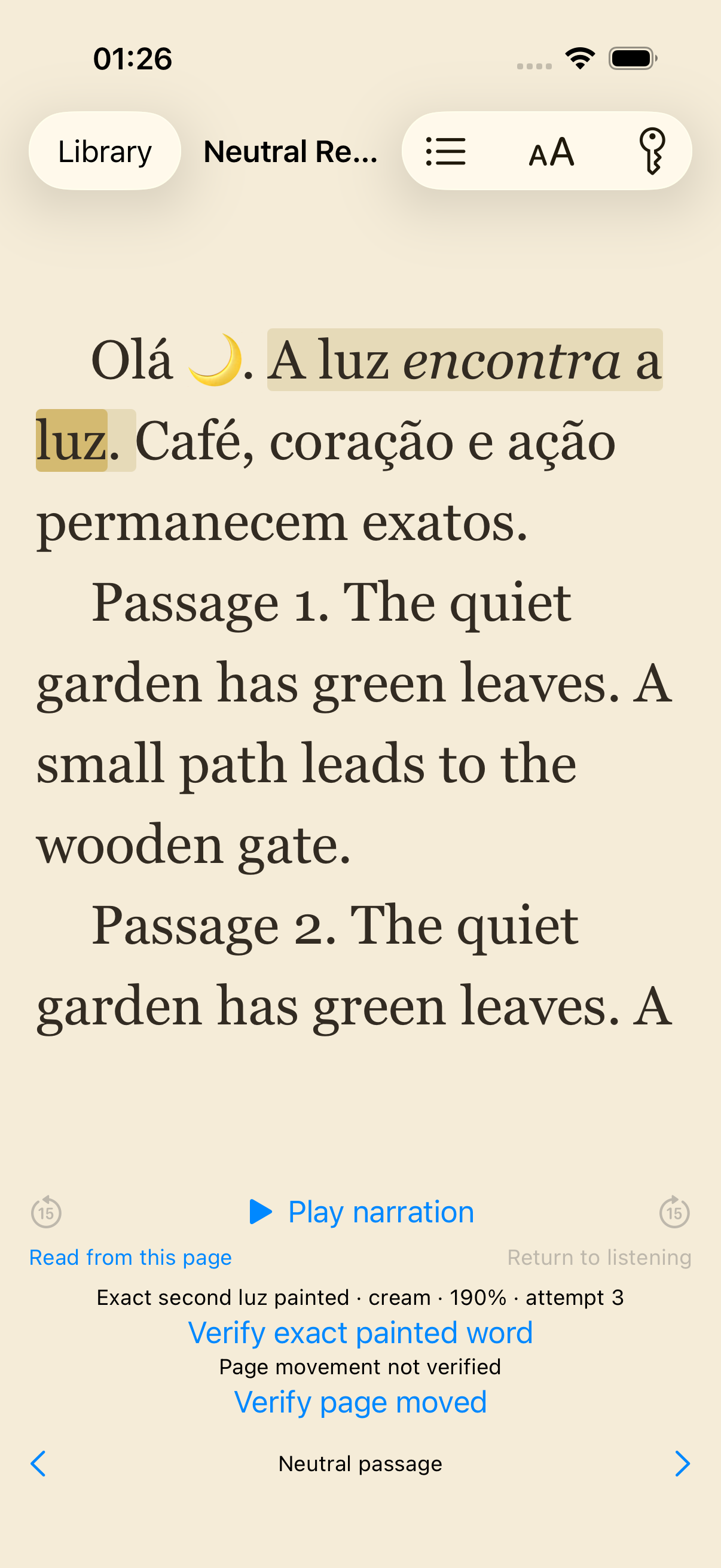 iPhone · Cream · 190% type: English development reader with neutral sample text, static test highlighting and visible renderer-verification controls.