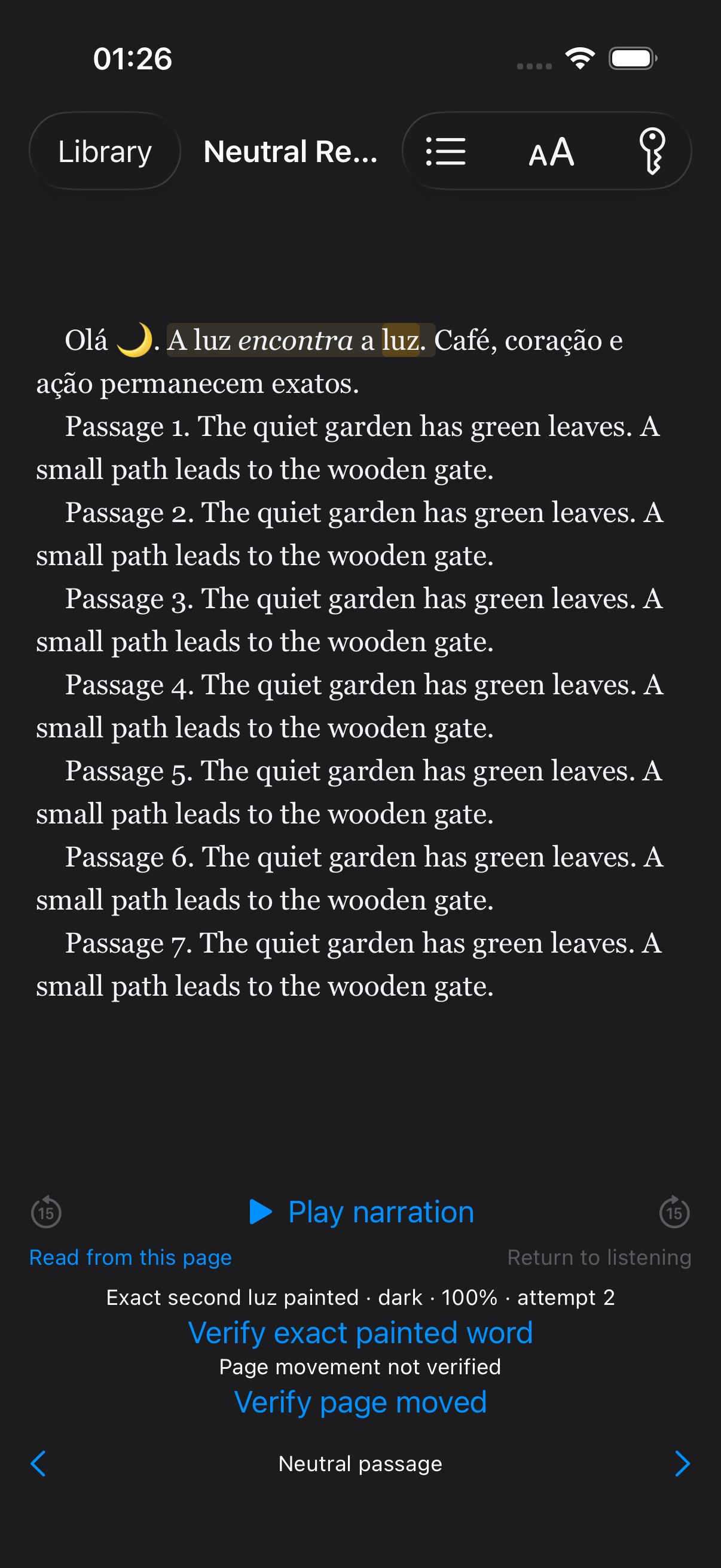 iPhone · Dark · 100% type: English development reader with neutral sample text, static test highlighting and visible renderer-verification controls.