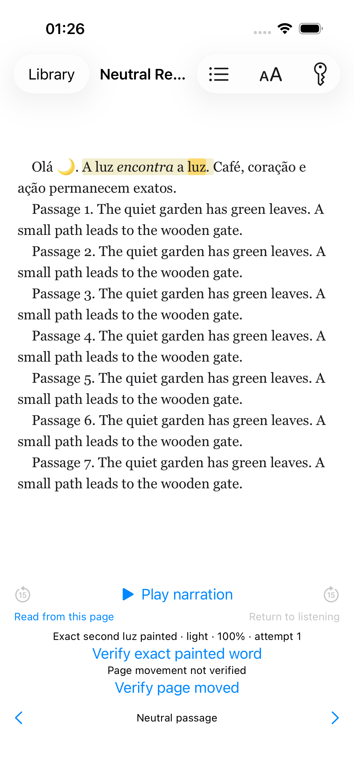 iPhone · Light · 100% type: English development reader with neutral sample text, static test highlighting and visible renderer-verification controls.